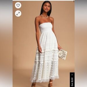 Lulus Purely Sweet Off White Lace Smocked Strapless Maxi Dress